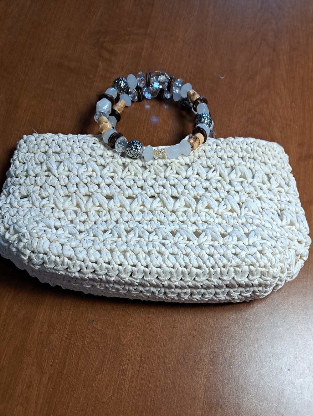 Beaded Handle Cream Crochet Paper Clutch